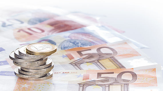 Gestapelte Muenzen auf aufgefaecherten Euro-Banknoten