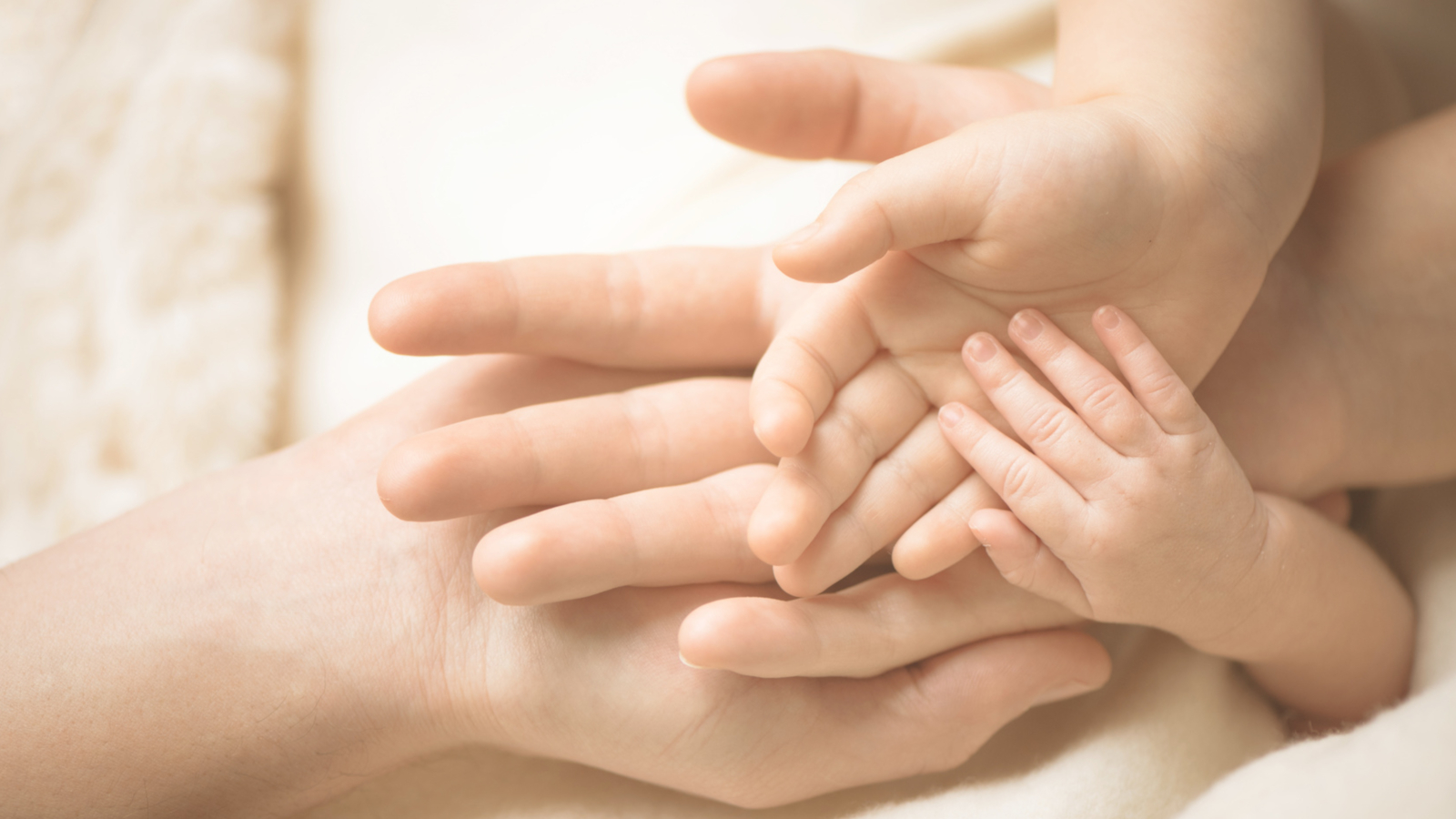 Die Hände von einem Vater, Mutter, Kind und Baby liegen ineinander
