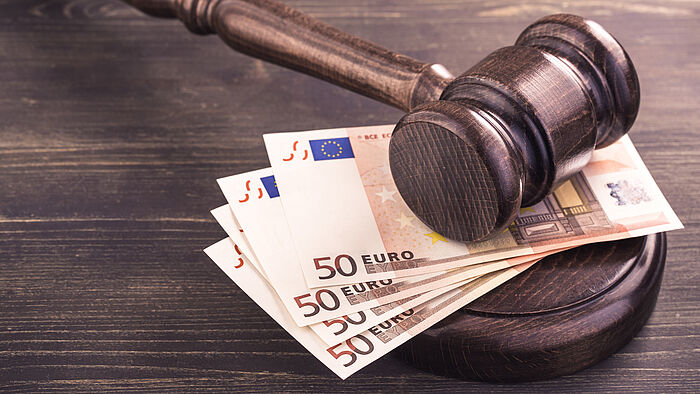 Richterhammer und vier Euro-Banknoten